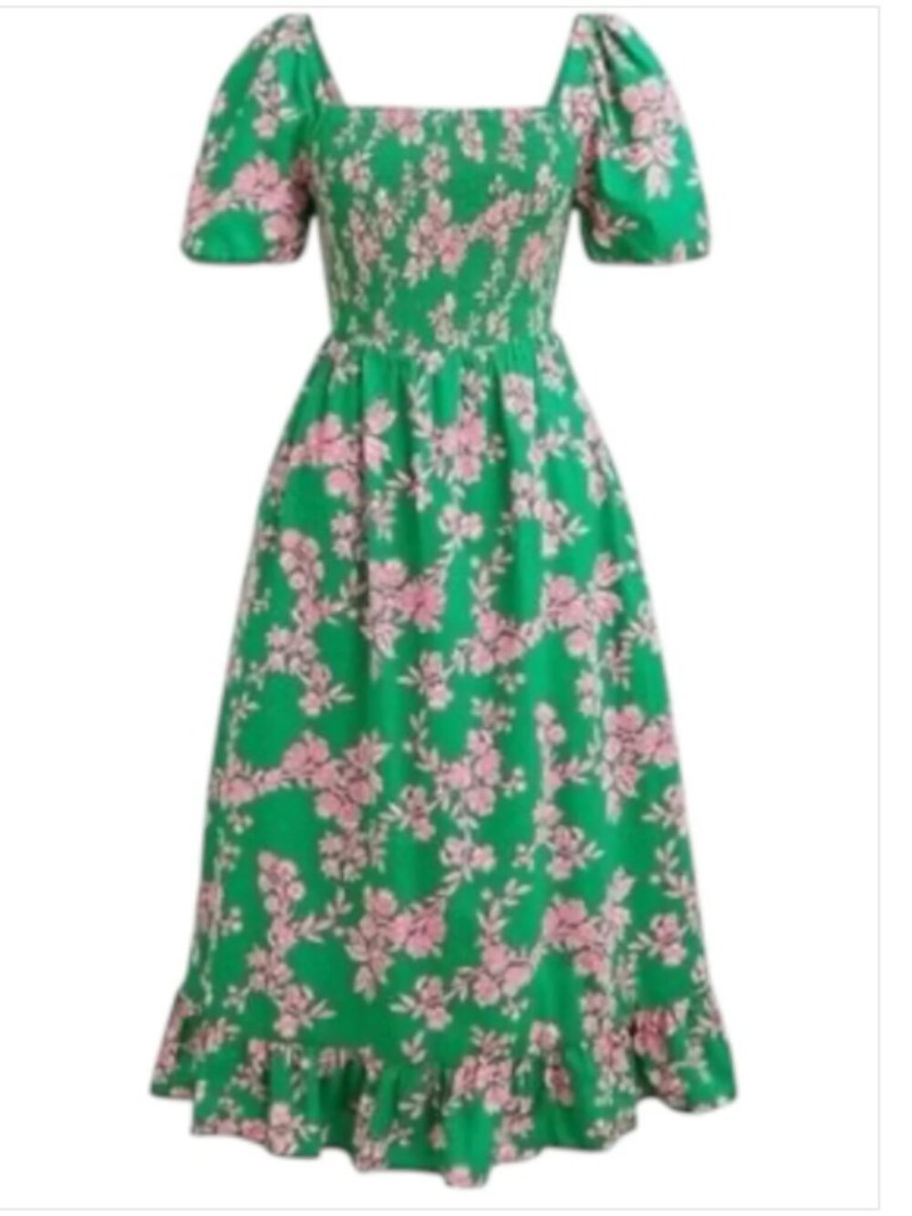 J. Crew Green Pink Floral Smocked Puff Sleeve A-Line Midi Dress Cottagecore XS